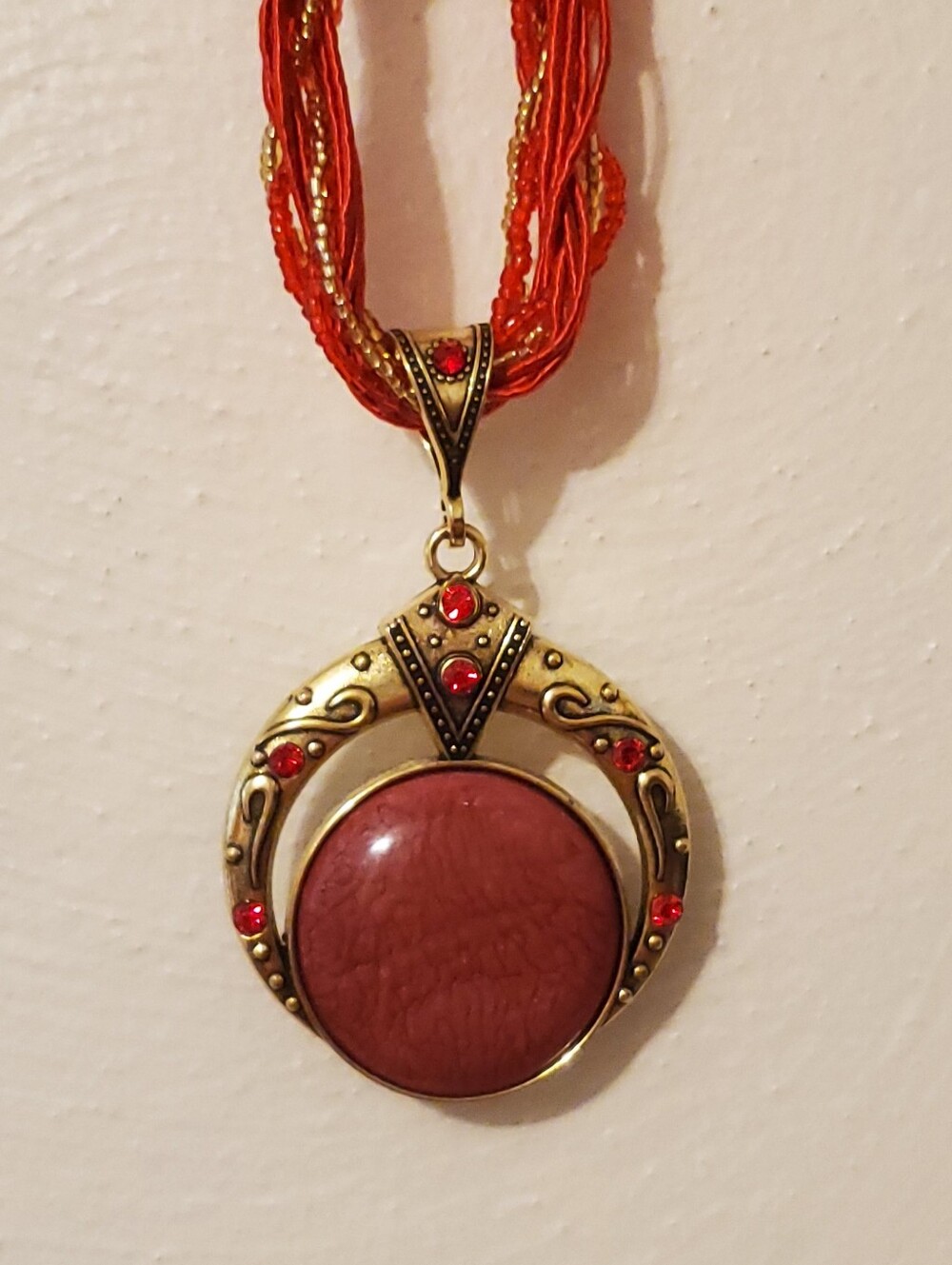 Boho Antique Gold Rust Red Crackle Statement Necklace New